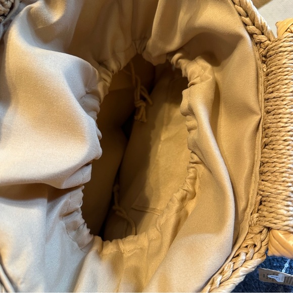 New Jewel & Clara Camel bamboo handle long straps woven straw bag lined - Picture 8 of 10